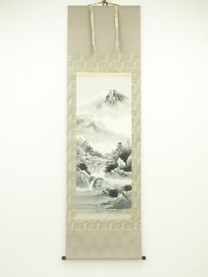 佐伯俊夫筆　水墨山水　肉筆絹本掛軸（保護箱）